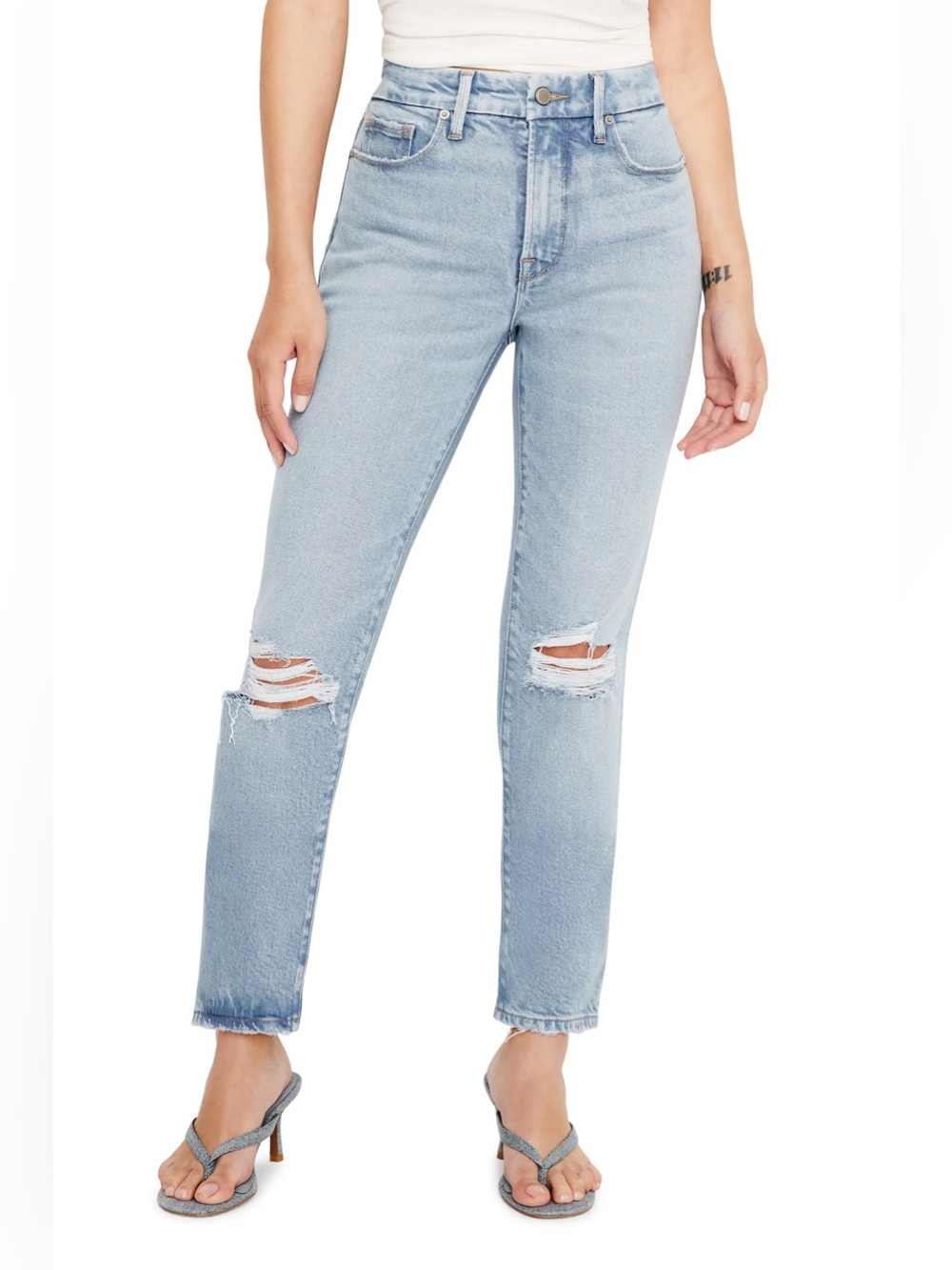 NWT Good American Light/Med Wash Straight-Leg Distressed Jeans size 2/26